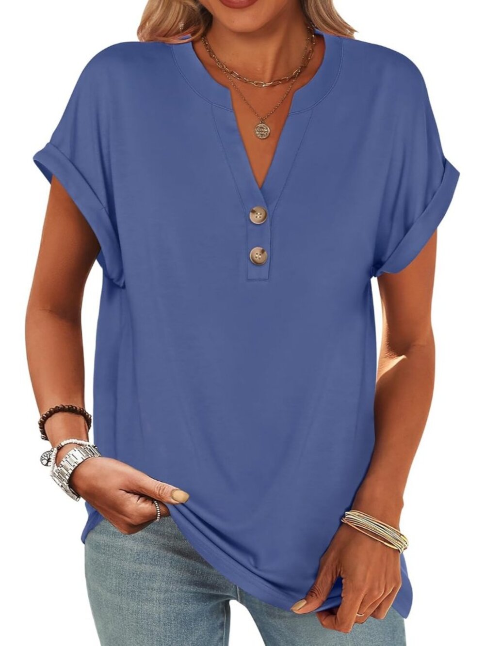Women's Blue V Neck Button Short Sleeve Henley Summer Casual Trendy Tunic Top